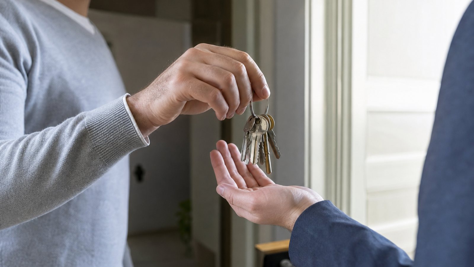 Propriétaire remettant les clés et le bail signé à un nouveau locataire dans un salon