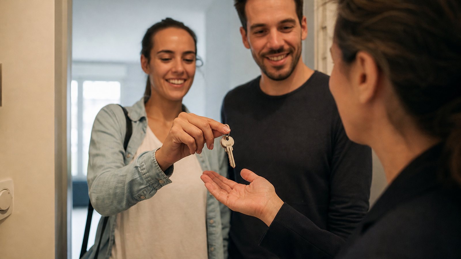 Bailleur et locataire réalisant l'état des lieux de sortie dans un appartement vide
