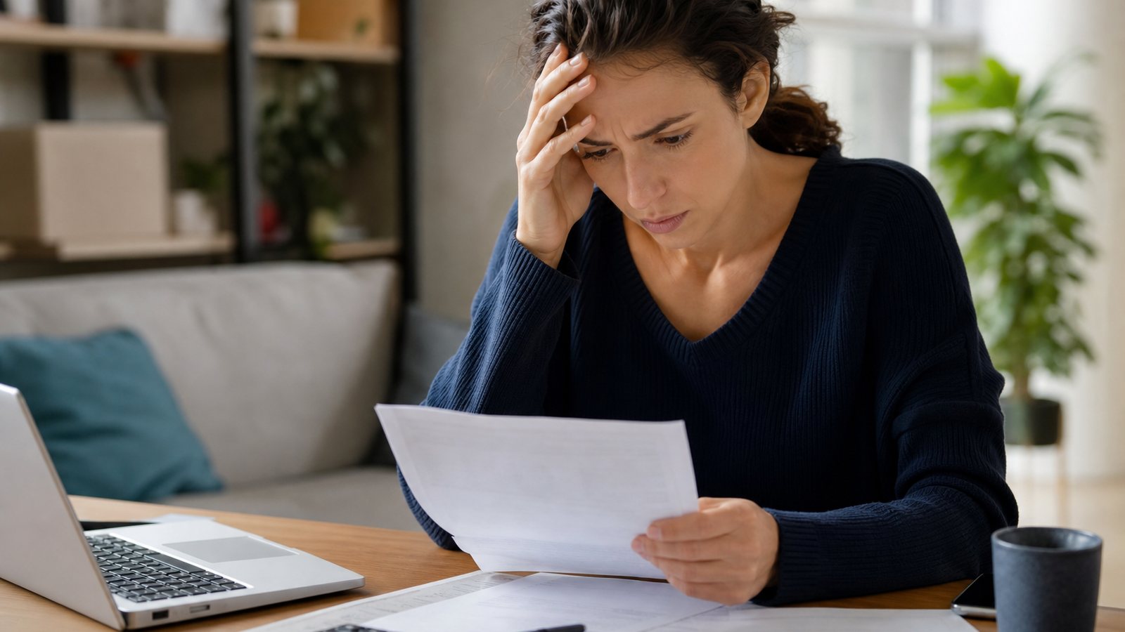 Bailleur préoccupé examinant un relevé bancaire et une relance de loyer impayé à son bureau
