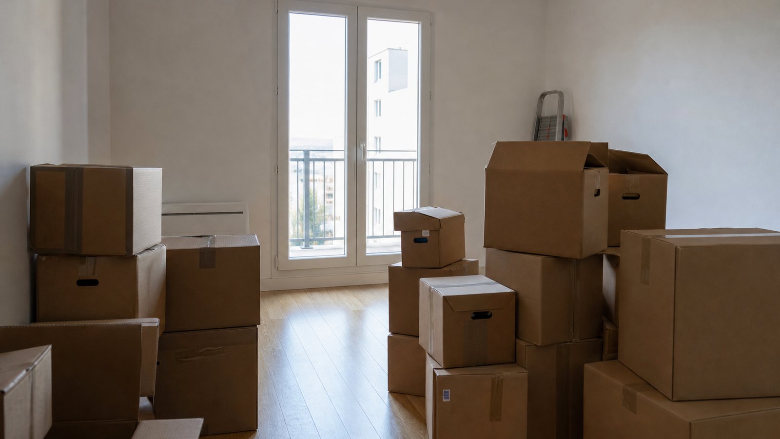 Bailleur calculant un loyer au prorata devant un calendrier et des cartons de déménagement