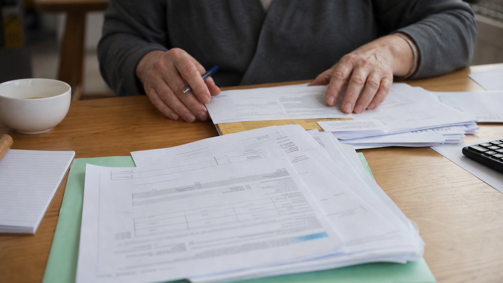 Bailleur établissant un décompte annuel de charges locatives entouré de factures et justificatifs